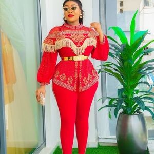 Elegant Red Women's 2 Piece Set with Gold Accents